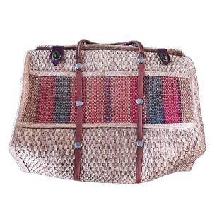 Vintage 70s Woven Straw Tote Bag Large Striped Beach Satchel Boho Summer Handbag